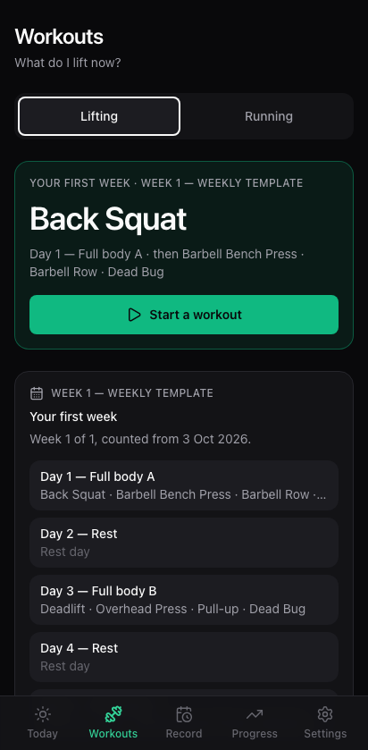 Workouts: this week of the plan, and the lift in front of you.